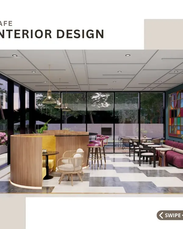 This is an establishing view of the cafe, showing how the space flows from the large windows at the front to the various seating areas. The design uses a mix of materials and colors to create visual interest while maintaining a cohesive, modern aesthetic.