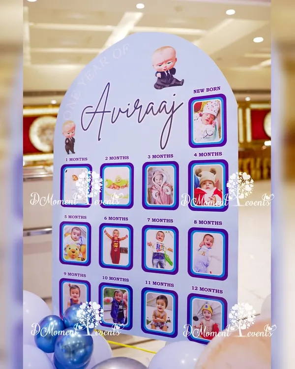 A beautiful "One Year of Aviraaj" milestone board, designed to match the Boss Baby theme, showcasing photos from each month of his first year.