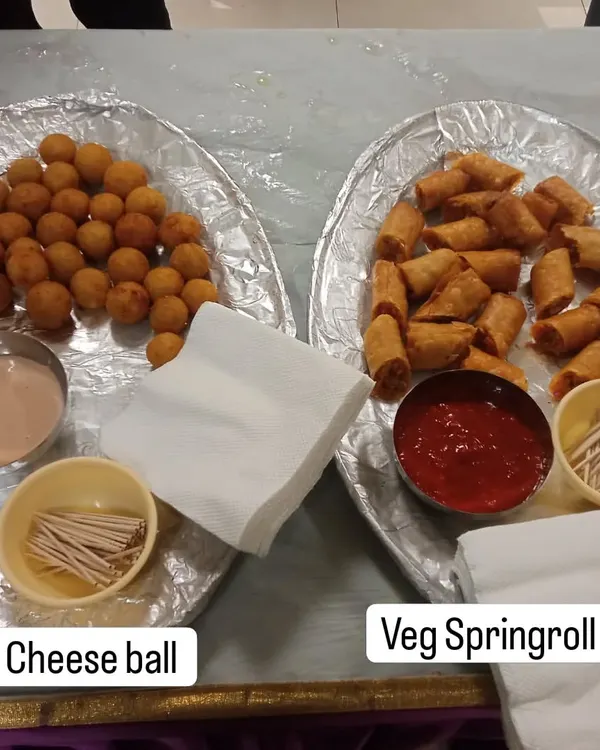 A platter of our popular vegetarian starters: crispy cheese balls with dip and crunchy veg spring rolls with ketchup.