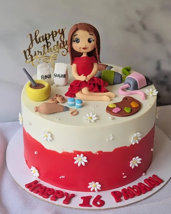 A sweet sixteen cake for a girl who loves both baking and art. The design features a custom figurine surrounded by miniature baking and painting supplies.