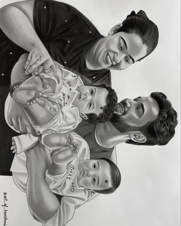 A beautiful family captured in a custom A3 charcoal sketch. I focused on the joyful interactions between the parents and their twin babies, creating a piece full of love and connection.