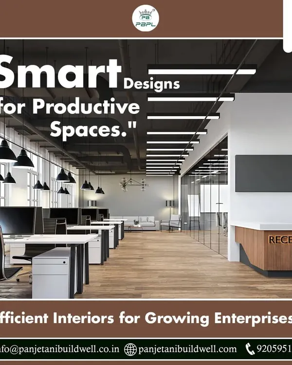 We create smart designs for productive spaces. This image showcases a modern office interior with an open layout, clean lines, and effective lighting, designed to foster collaboration and efficiency for growing enterprises.