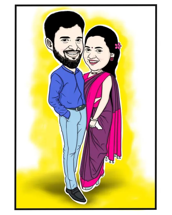 A custom full-body couple caricature, perfect for a unique wedding or anniversary gift. I capture the joy and connection between two people in a fun, colorful illustration that you can cherish forever.