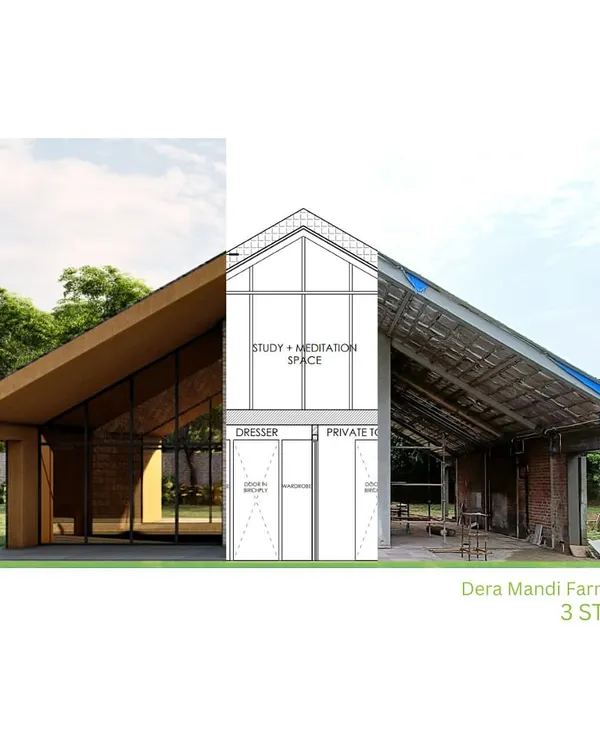 The three stages of our Deramandi farmhouse project, from the initial 3D render and technical drawing to the final on-site construction. This composite image illustrates our process of turning a concept into a tangible, beautiful home.