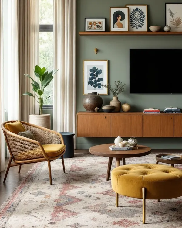 This living room proves that subtle can be stunning. The floating TV unit in teak wood veneer, minimal shelf styling, and a perfect olive green backdrop create a space that is calm and inviting. The rattan chair adds a touch of natural texture.