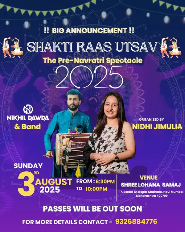 The first announcement poster for Shakti Raas Utsav 2025. This was the initial reveal of the event, building excitement with a promise of a grand pre-Navratri celebration featuring Nikhil Dawda and his band.