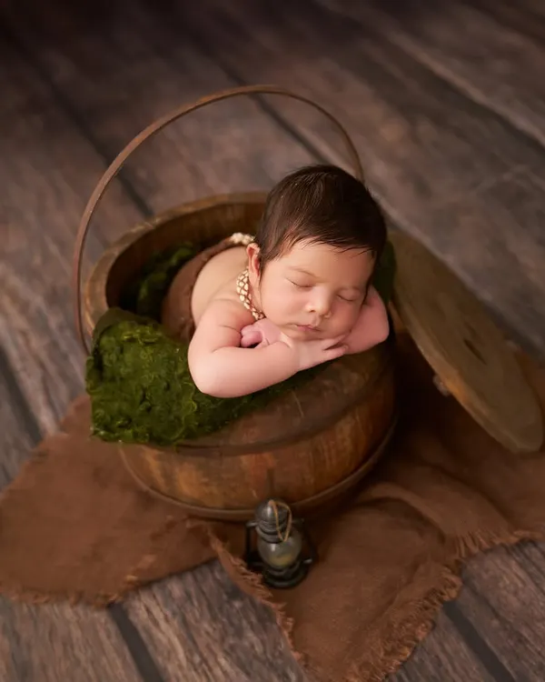 A newborn sleeps in a rustic wooden bucket lined with moss, with a tiny lantern prop nearby, set against a dark wood background for an earthy feel.