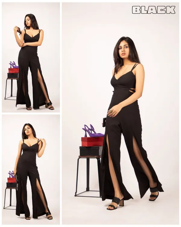 A classic e-commerce collage for a black jumpsuit. This format shows the outfit from multiple angles in one image, which is highly effective for online stores and social media.