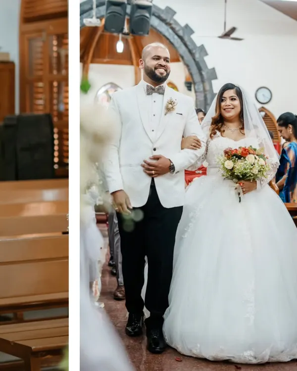 The classic walk down the aisle as husband and wife. We capture this triumphant moment, focusing on the couple's happy expressions and the bride's stunning white gown.