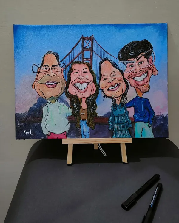 A family portrait with a famous landmark! This custom piece features a family's fun memory at the Golden Gate Bridge, captured with exaggerated smiles and lots of heart.
