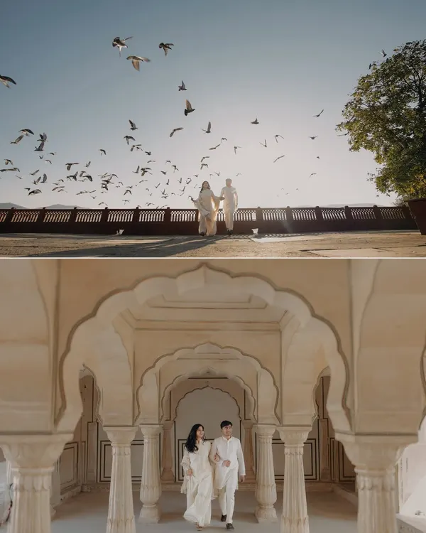 A story in two parts: a walk with pigeons taking flight against the Jaipur sun, and a stroll through the ornate archways of a palace. This showcases the variety of cinematic shots available in Rajasthan.