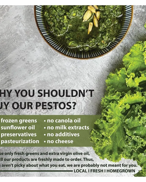 We are very picky about what goes into our food, and we think you should be too. This graphic explains our commitment to using only fresh greens and extra virgin olive oil, with no preservatives, additives, or cheap fillers.