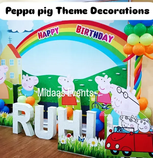 For Ruhi's birthday, we brought the world of Peppa Pig to life. This full backdrop features the whole family, their iconic red car, and a bright rainbow, creating a cheerful and recognizable scene for all the little fans.