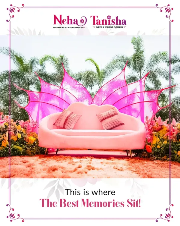 This is where the best memories sit. For a vibrant Haldi or Mehendi, we designed this plush pink velvet sofa with whimsical butterfly-wing panels, blending luxurious comfort with a fun, thematic design.
