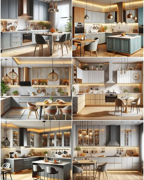 Looking for ideas? This collage shows six different modern kitchen designs we can create, featuring popular elements like island counters, breakfast bars, pendant lighting, and a variety of color schemes.