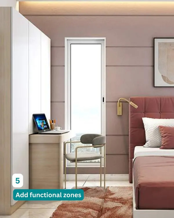 We add functional zones to make rooms multi-purpose. This bedroom includes a compact study desk built into the wardrobe, creating a perfect work-from-home nook without taking up extra space.