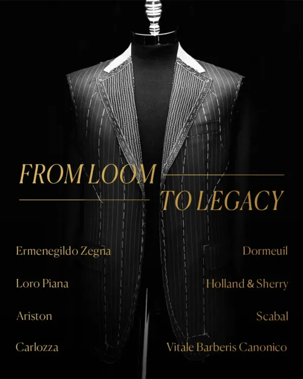 From loom to legacy. I source fabrics from the world's most renowned mills like Zegna, Loro Piana, and Scabal. The journey of a bespoke suit begins with a hand-selected fabric that promises unmatched quality and character.