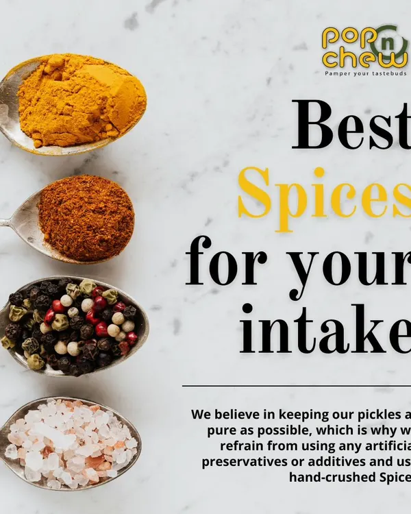 The soul of our pickles lies in the spices. We hand-crush our spice blends just before mixing to ensure the most potent aroma and flavour. This image shows some of the pure, high-quality spices we use.