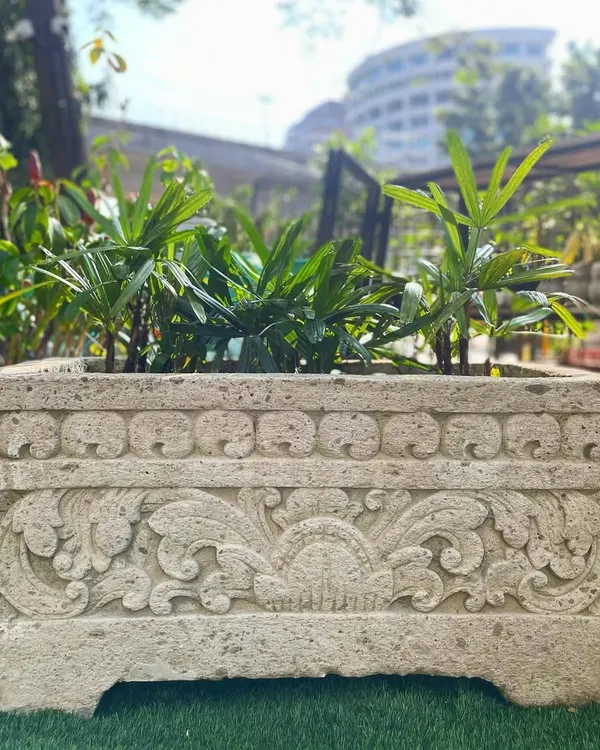 Our Balinese rectangular bath is a masterpiece of stone carving. This versatile piece can be used as a unique planter for a miniature garden or as a stunning water feature on a patio or in a courtyard.