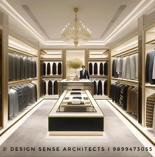 A 3D rendering of a luxury menswear boutique we designed. The concept features clean lines, warm backlighting for the clothing racks, and a central display island, all under a classic chandelier to create a sophisticated and high-end shopping experience.