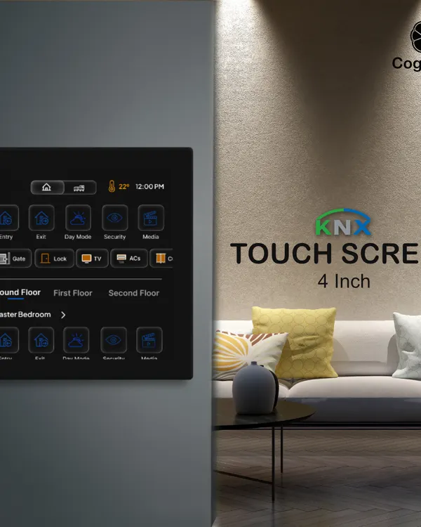 This is our 4-inch KNX touch screen, the central command hub for your entire home. From this sleek wall-mounted panel, you can manage lighting, security systems, climate, and media across different floors and rooms, replacing multiple switches with one elegant interface.