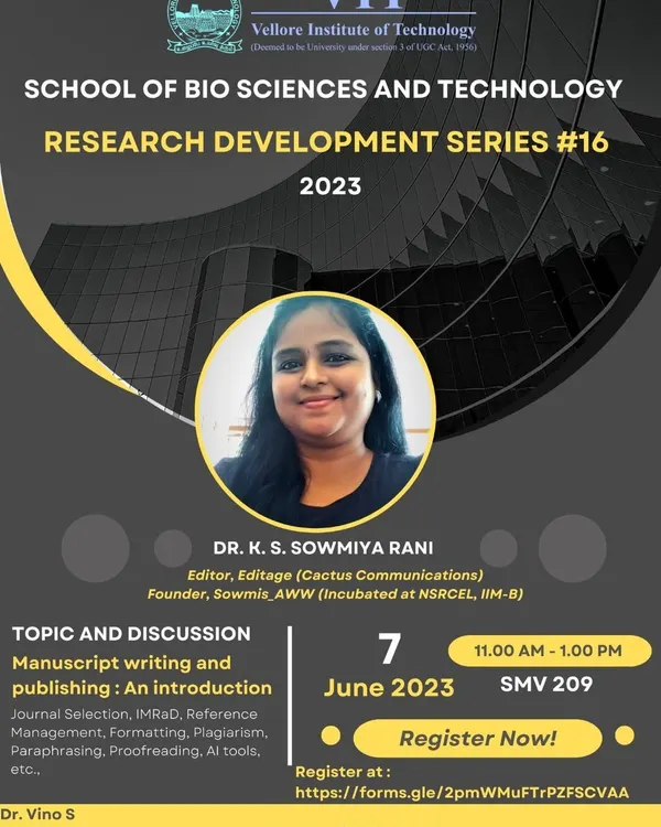 Vanakkam Vellore! This poster is from a session I conducted at the Vellore Institute of Technology (VIT) on manuscript writing and publishing. I love engaging with faculty and students to discuss strategies for efficient writing and integrating it with their experimental work.
