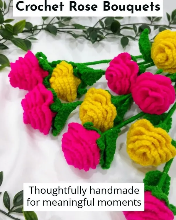 These bright pink and yellow crochet rose bouquets were thoughtfully handmade for a school's annual function in Mumbai. They are a wonderful way to appreciate teachers and students.