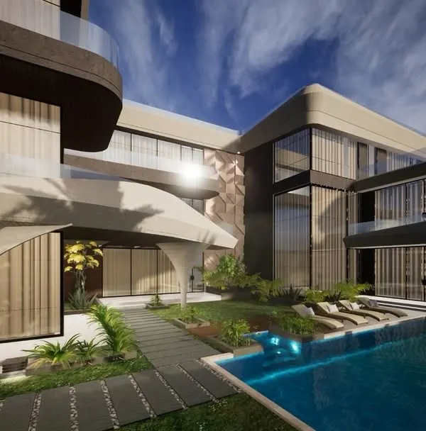 This modern contemporary home is designed to be a visual paradise, blending clean architectural lines with the natural beauty of its surroundings. The integration of a serene pool and landscaped garden creates a seamless flow between indoor and outdoor living.