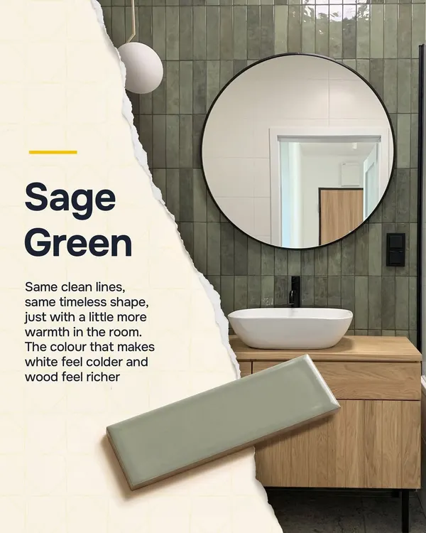 Sage green subway tiles bring the same clean lines and timeless shape as the classic white, but with a little more warmth. This color makes white fixtures feel colder and wood tones feel richer, adding subtle sophistication to this bathroom.
