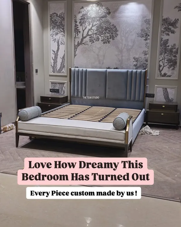 This is what I mean by a dream bedroom. I custom-made every piece here for a client in New Delhi, from the premium fabric bed with brass accents to the walnut side tables, creating a completely coordinated and luxurious space.