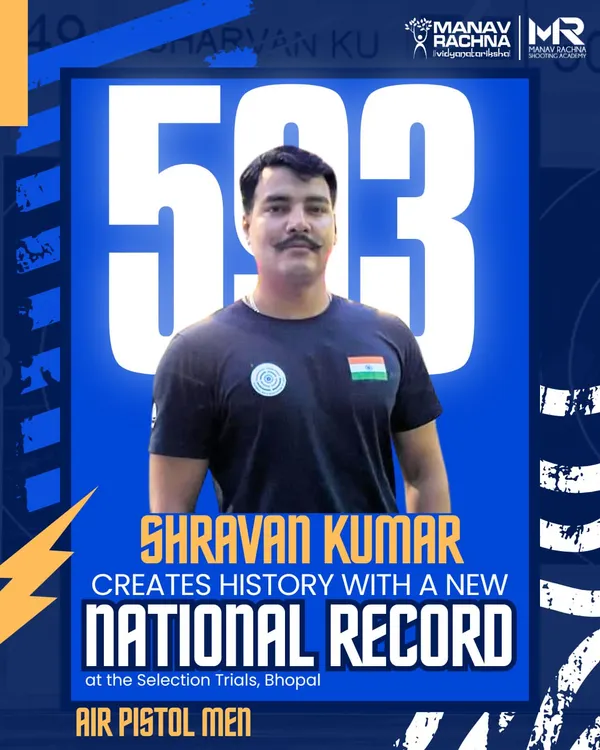 We celebrate history being made by our athletes. Here, we commemorate Shravan Kumar setting a new national record with a phenomenal score of 593 in the Men's 10m Air Pistol at the NRAI Selection Trials in Bhopal.
