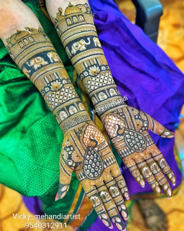 This design is a celebration of traditional Indian motifs. It features bands of marching elephants and beautiful peacocks on the palms, all done with a bold, dark stain.