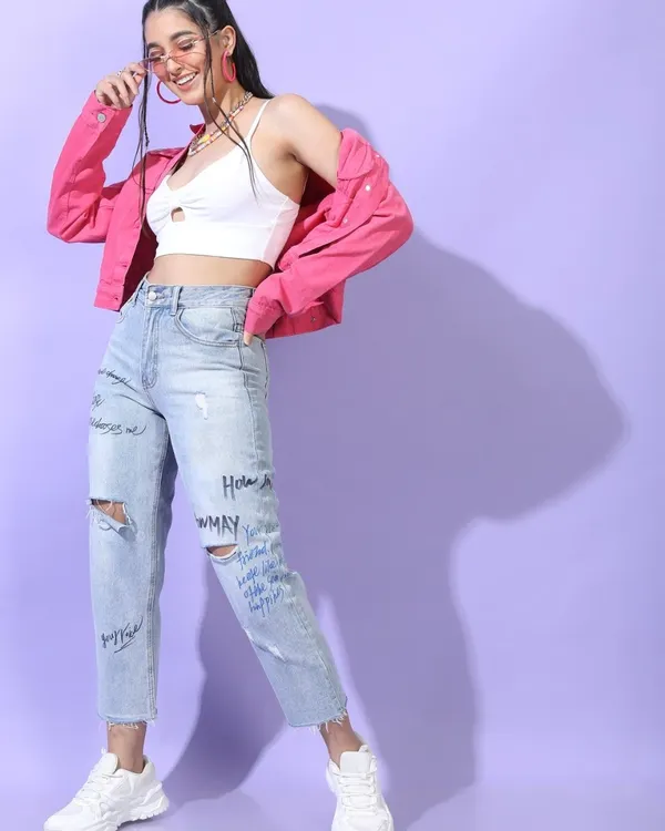 A full look I styled for Tokyo Talkies, featured on Myntra. This outfit combines a pink denim jacket with ripped jeans and a white crop top for a trendy, edgy vibe.