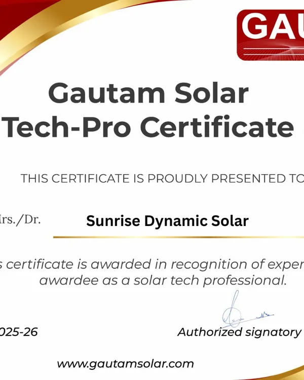 I am proud to share our Gautam Solar Tech-Pro Certificate. This recognizes our expertise as a solar tech professional and is a testament to the quality and knowledge we bring to every project.