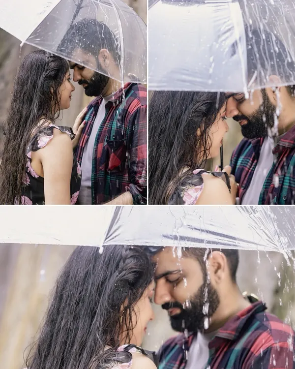 A truly romantic shot of a couple sharing an intimate moment under an umbrella in the rain, right by a waterfall. We are always ready to capture magic, whatever the weather.