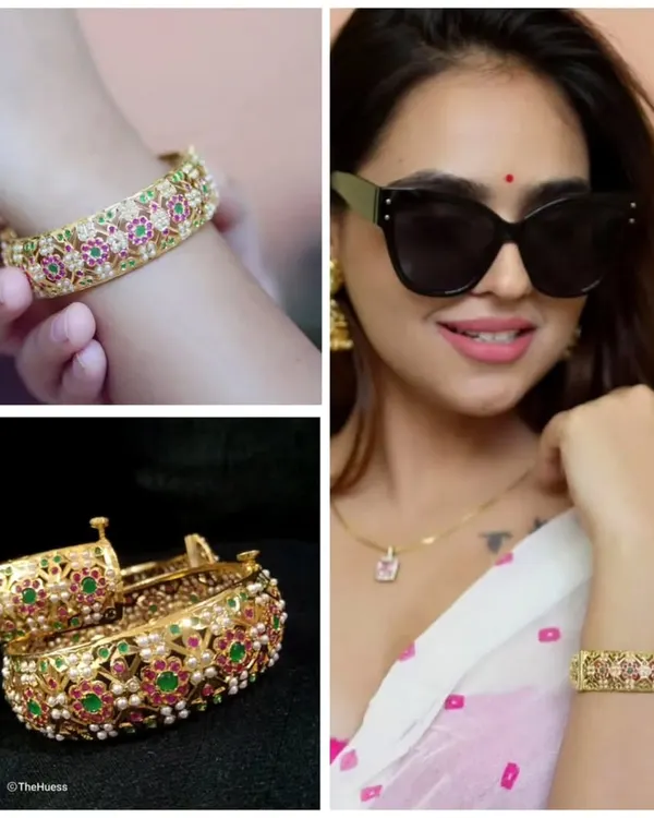 Our gold-plated Jadau openable bangles are a customer favourite. This collage shows the intricate floral design with red and green stones, and how beautifully they look when worn.