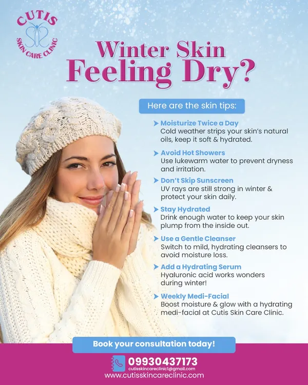 Is your skin feeling dry this winter? This infographic provides essential skin tips, such as moisturizing daily, avoiding hot showers, and using a hydrating serum to keep your skin soft, plump, and protected during the colder months.