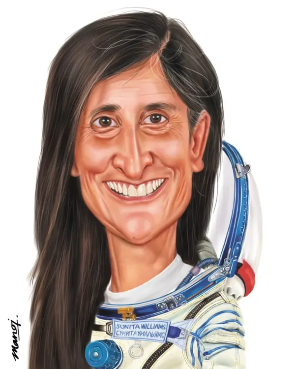 A detailed caricature of Indian-American astronaut Sunita Williams.
