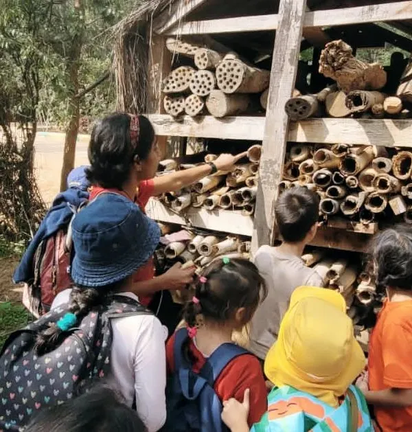 Children get a close-up look at a large insect hotel at Kadugodi Tree Park, examining the different materials used to create habitats for various insects.
