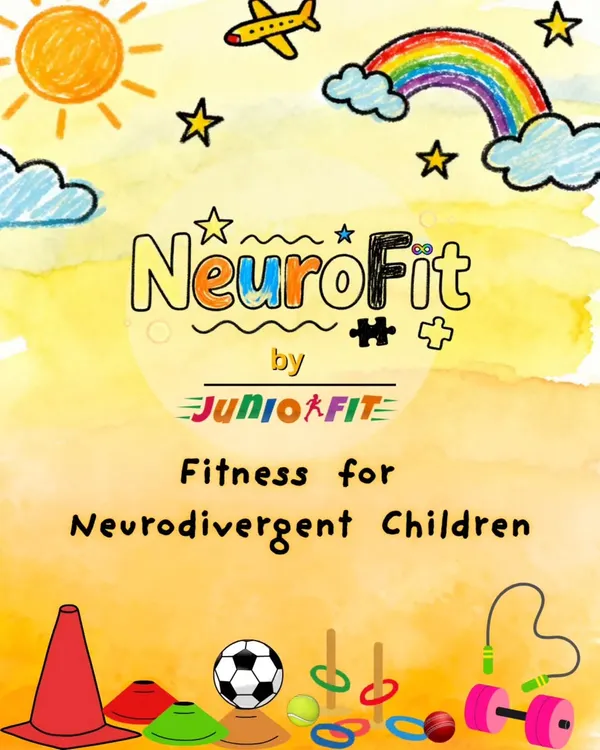 Welcome to NeuroFit! This graphic showcases the fun, playful equipment we use, from cones and rings to soccer balls and jump ropes, all part of our fitness program for neurodivergent children.
