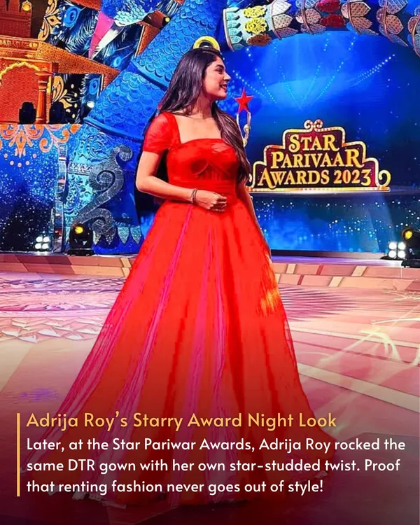 Adrija Roy rocked this same red Gauri & Nainika gown at the Star Parivaar Awards, proving that renting fashion never goes out of style. Get her star-studded look for your next event.