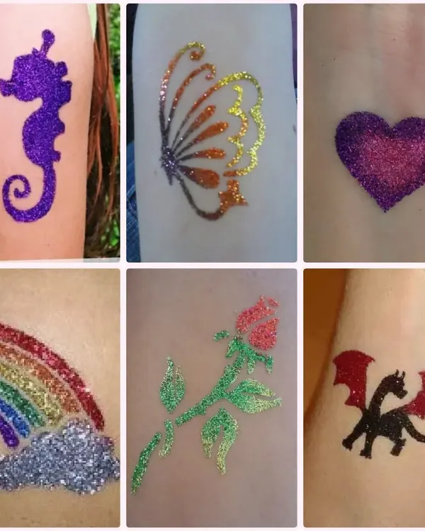 A showcase of six different popular glitter tattoo designs. This demonstrates my range, from a seahorse and butterfly to a heart, rainbow, rose, and even a dragon.