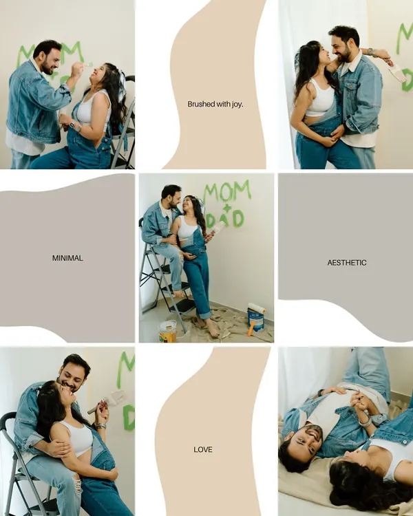 A collage from a super fun and creative announcement shoot! Painting the nursery wall is a perfect way to symbolize the new life you're building together.