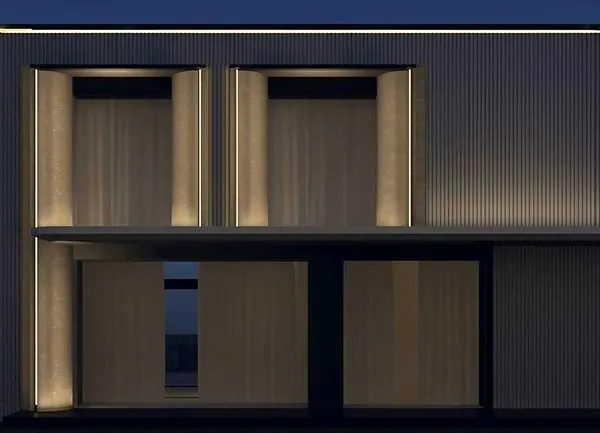 This is a lighting visualization for a modern residence, focusing on the interplay between linear LEDs and recessed vertical lights. The simulation helps perfect the balance and intensity before any fixtures are installed.