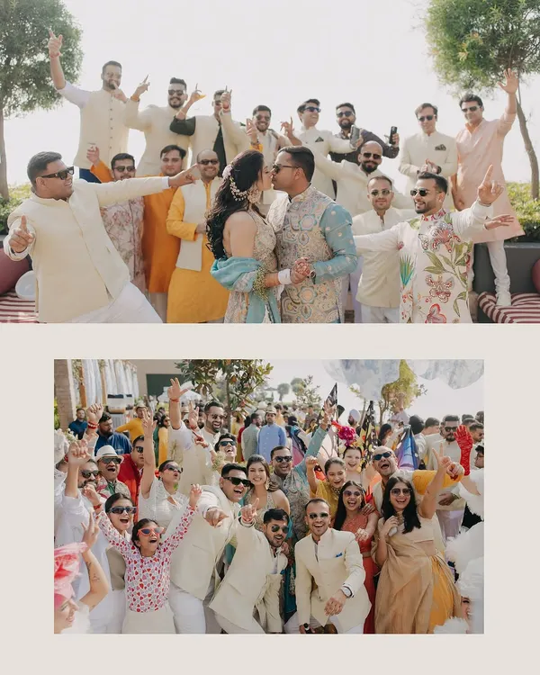 The groom's squad and the bride's crew coming together for a fun, energetic group photo at the Haldi. These are the moments of shared joy with the people who matter most.