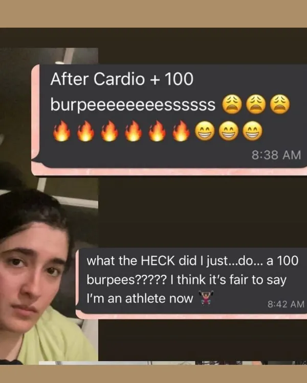 Celebrating every win, big or small. This client's excitement after completing 100 burpees shows that feeling like an athlete is a powerful mindset shift we build together.