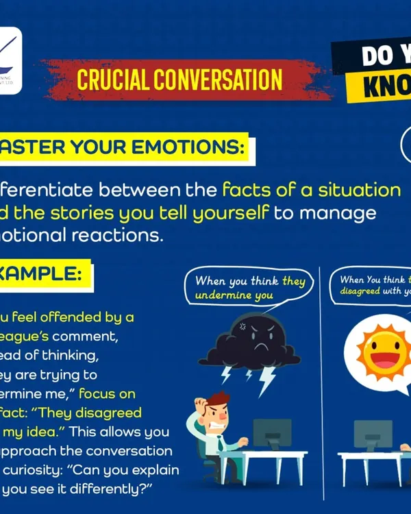 Master Your Emotions in Crucial Conversations. The key to handling high-stakes conversations is to separate facts from the stories you tell yourself. I teach you to approach disagreements with curiosity, not emotion, which leads to more productive outcomes.