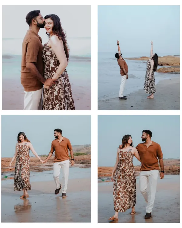 A collage from Ajay and Asmita's beach photoshoot, showing a variety of poses from romantic holds to fun, energetic movements by the water.