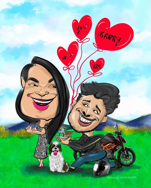 A perfect way to capture a life changing moment. I was so happy to create this custom proposal caricature, complete with their beloved pet, bike, and a beautiful outdoor scene, turning a special memory into a piece of art.