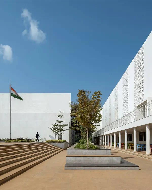 At Vidyashilp Academy, we designed open, stepped plazas that serve as informal gathering spots for students. These spaces, integrated with planters and seating, encourage social interaction and provide a calm, walkable campus environment that supports mental well-being.